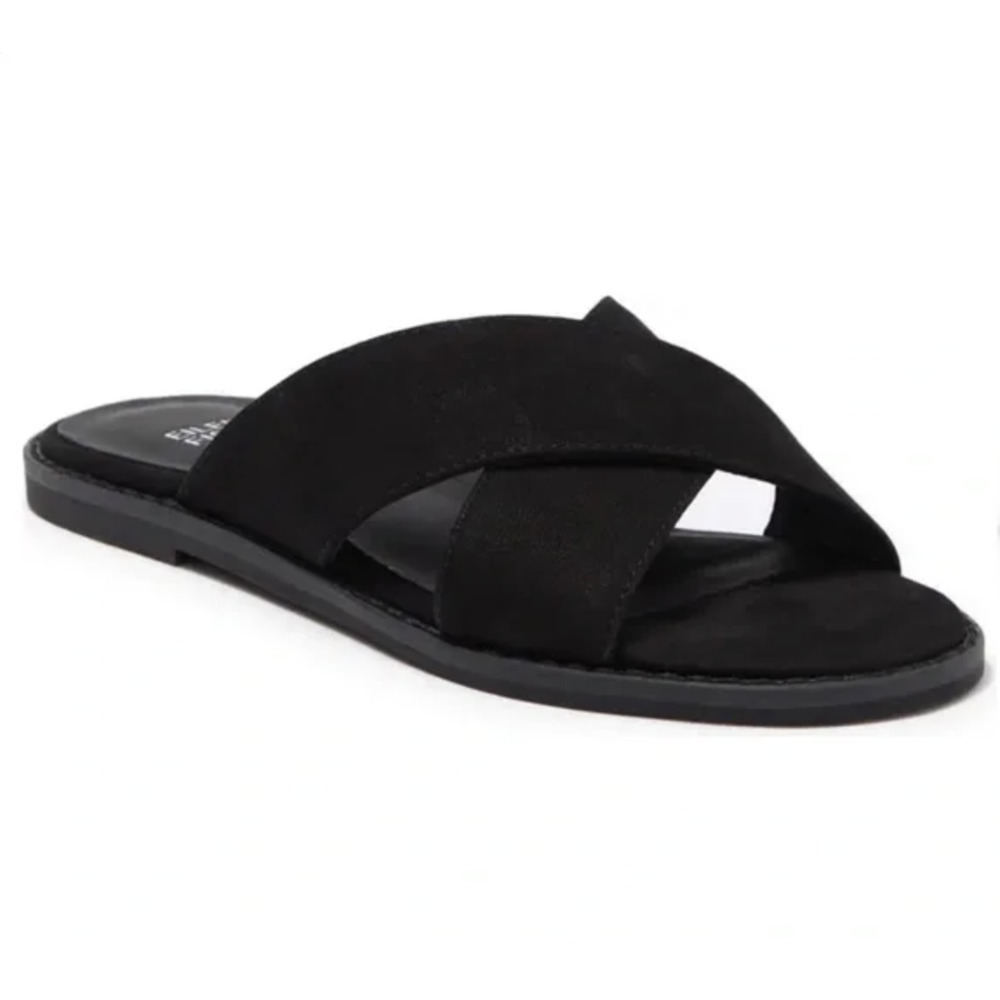 NWT Eileen Fisher Cape Crossover Black Suede Sandals • Minimalist • Size 6.5 🗣